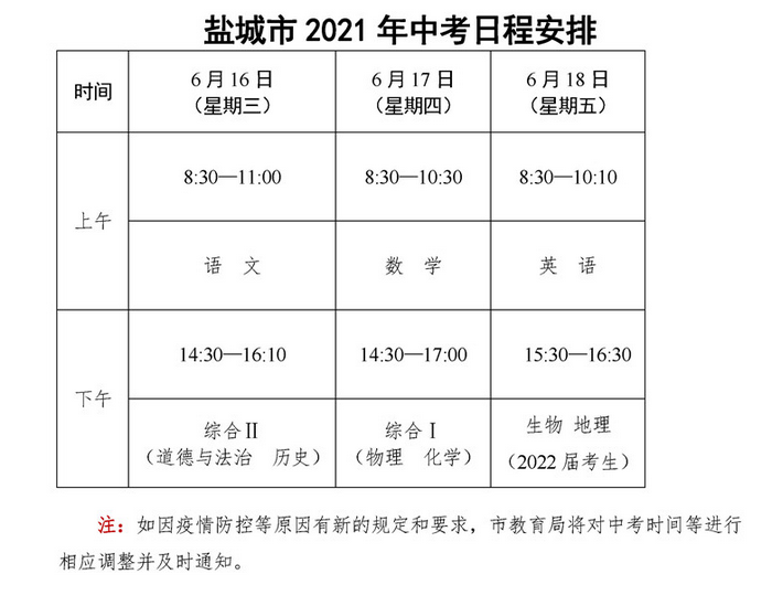 2021年江蘇鹽城中考時(shí)間在什么時(shí)候