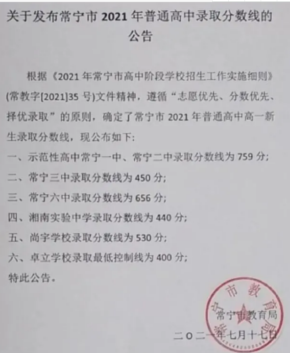 衡陽常寧中考錄取分數(shù)線