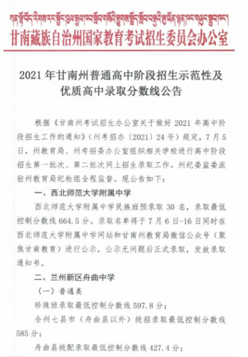 2021甘肅甘南重點高中錄取分數(shù)線公布